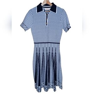 Tory Burch Gemini Link Polo Dress Jacquard Chain Print Rayon Knit Medium Navy
